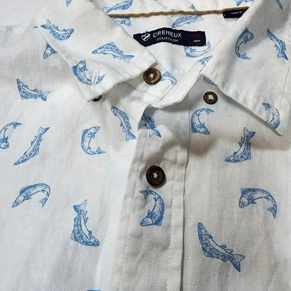 Cremieux Collection Shirt Men Button Down White Fish Print Short Sleeve  Casual - Picture 12 of 14